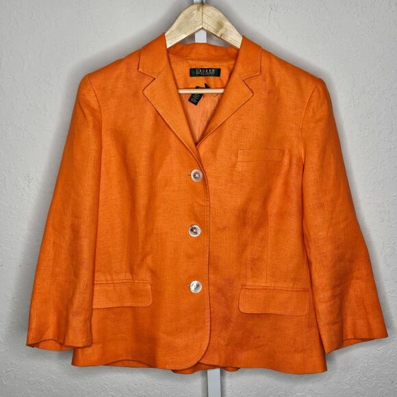Lauren Ralph Lauren Petite 100% Linen Blazer Orange 3/4 Sleeve Jacket 12P - Picture 1 of 5
